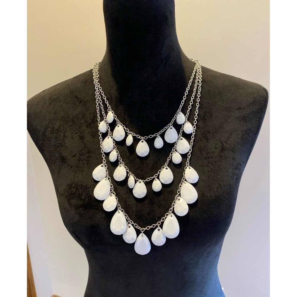 Multi-layer Statement Waterfall Necklace with 3 Tiers of White Teardrop Jewelry - Picture 1 of 6